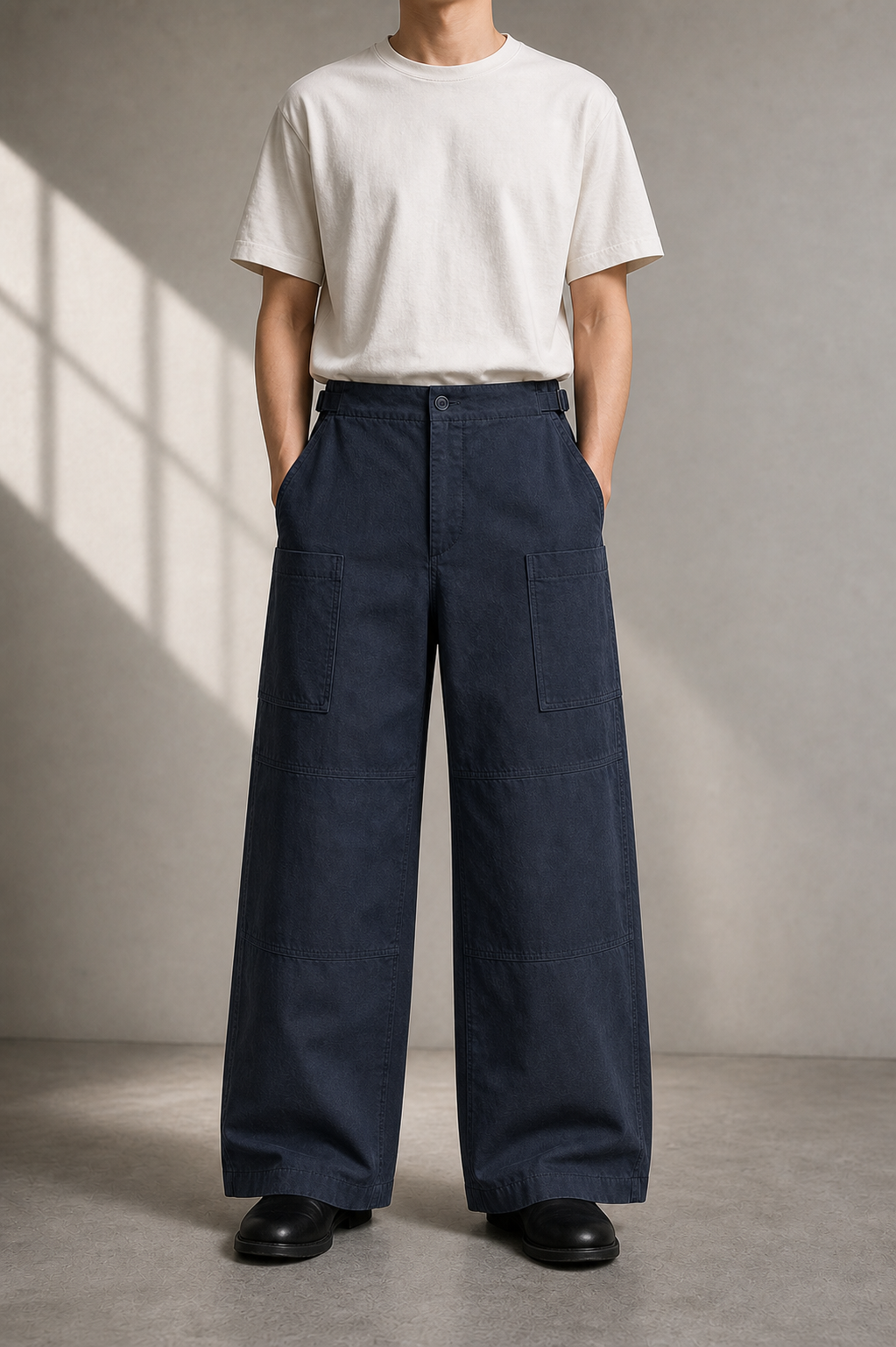 Slate Navy Grid Pocket Pants 모델 착용 정면 이미지