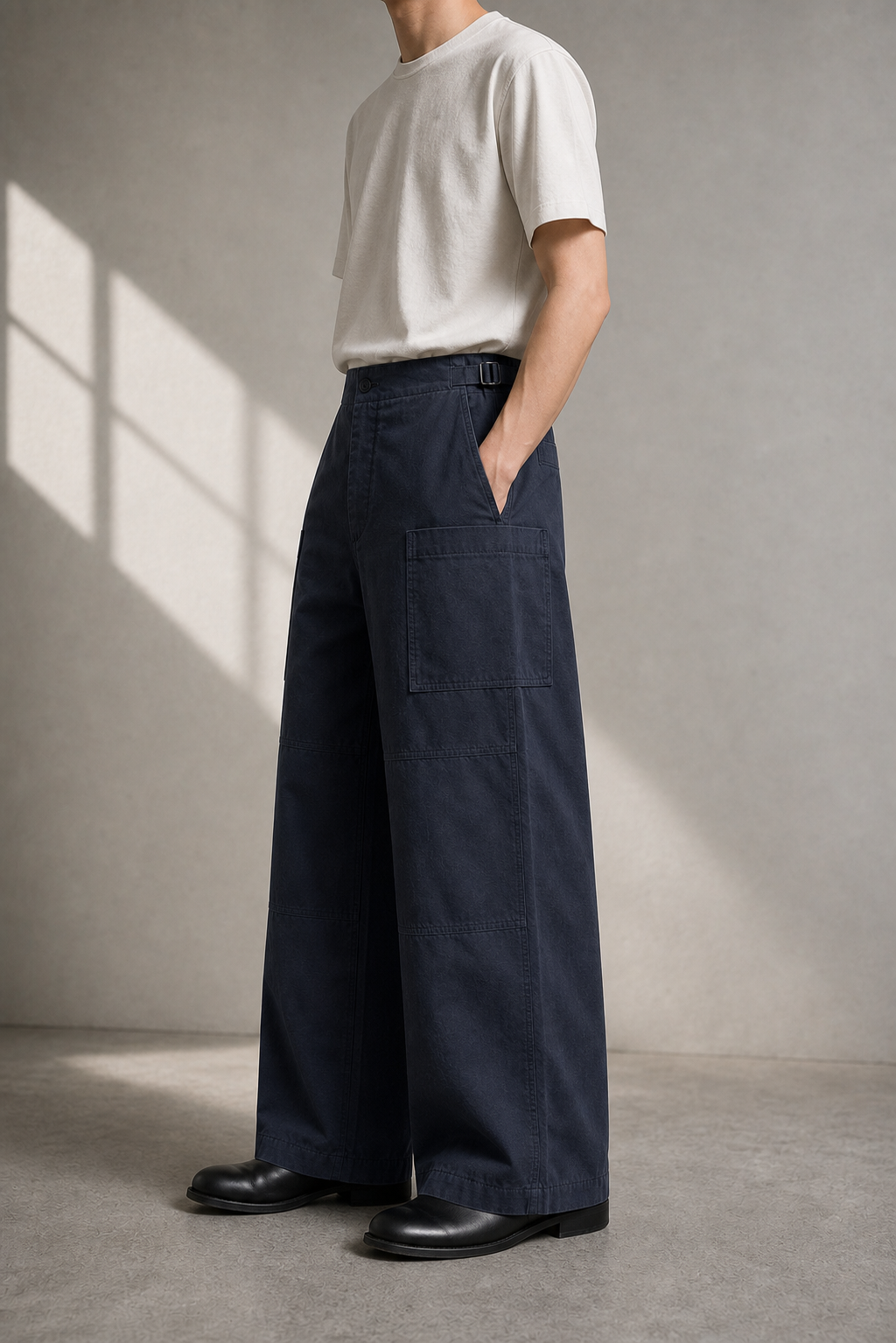 Slate Navy Grid Pocket Pants model side view