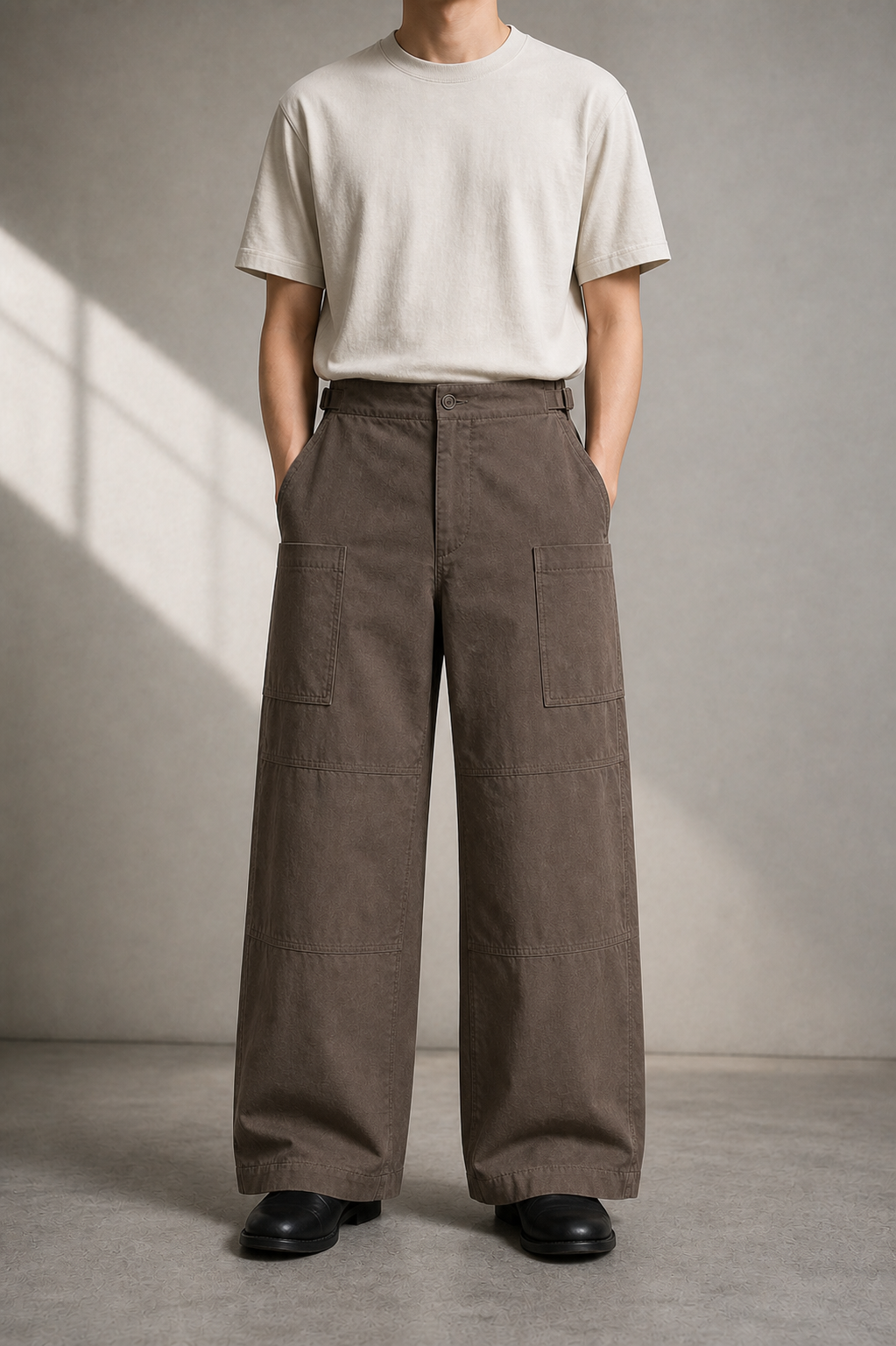 Soil Brown Grid Pocket Pants 모델 착용 정면 이미지