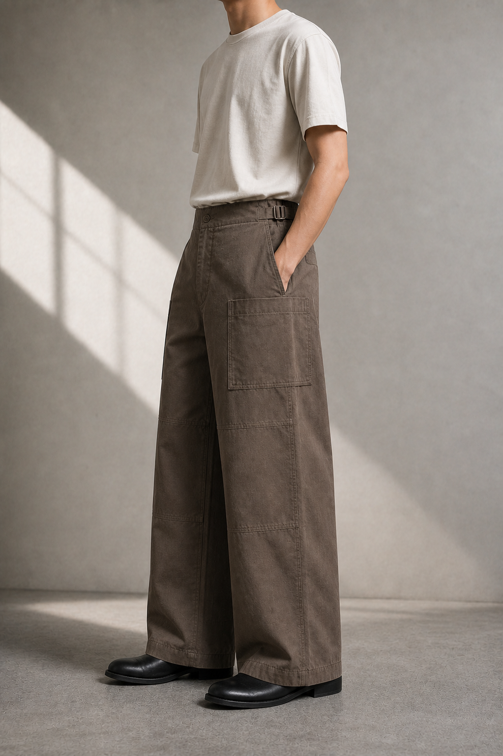 Soil Brown Grid Pocket Pants model side view