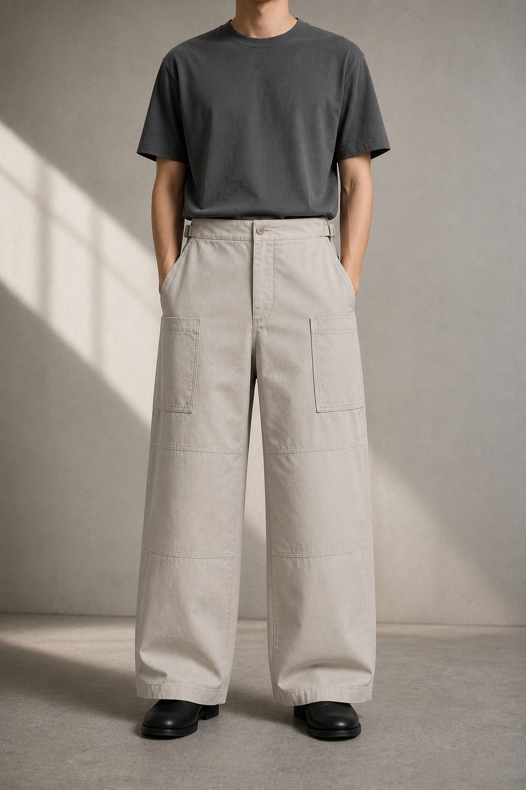Warm Stone Grid Pocket Pants 모델 착용 정면 이미지