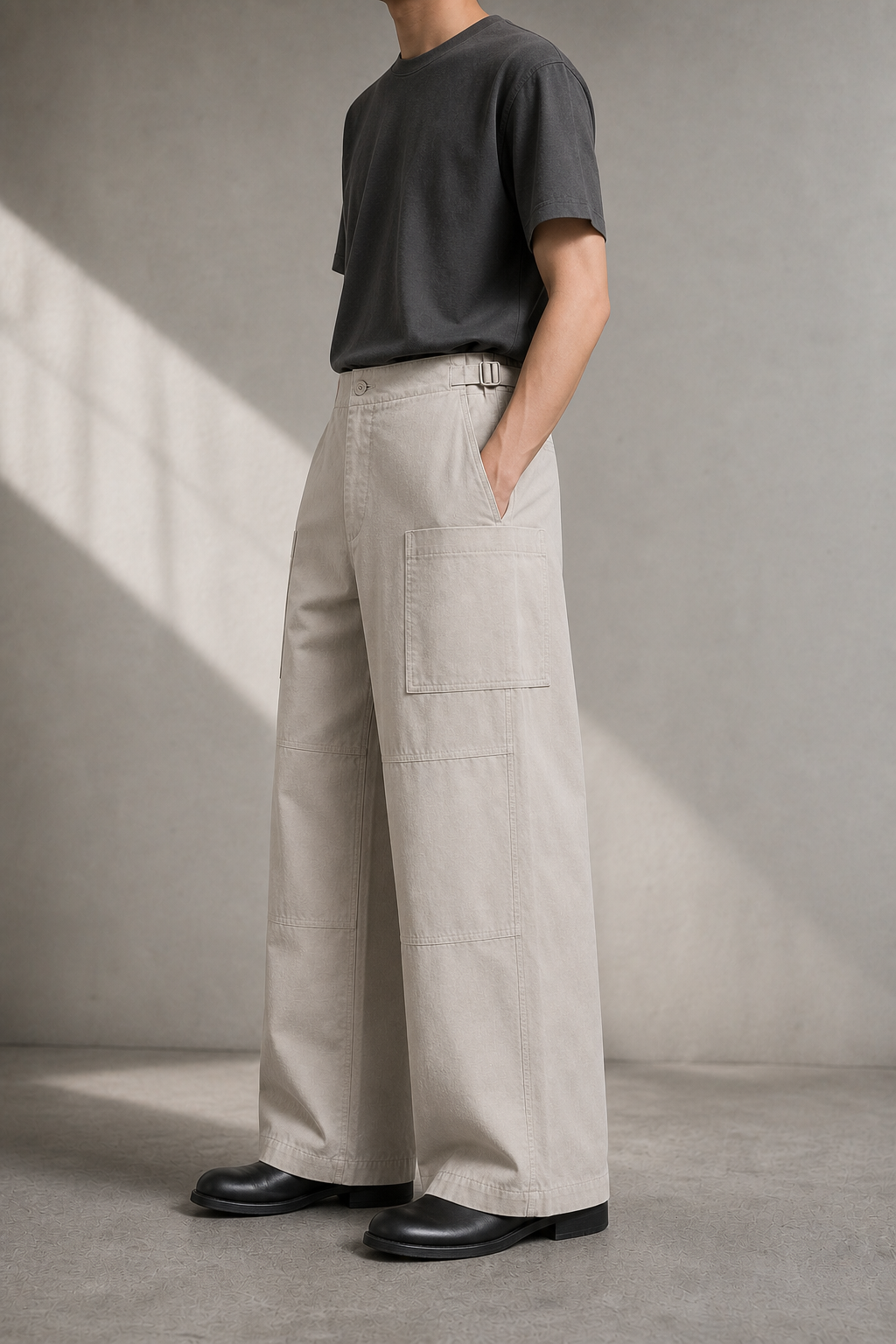 Warm Stone Grid Pocket Pants model side view