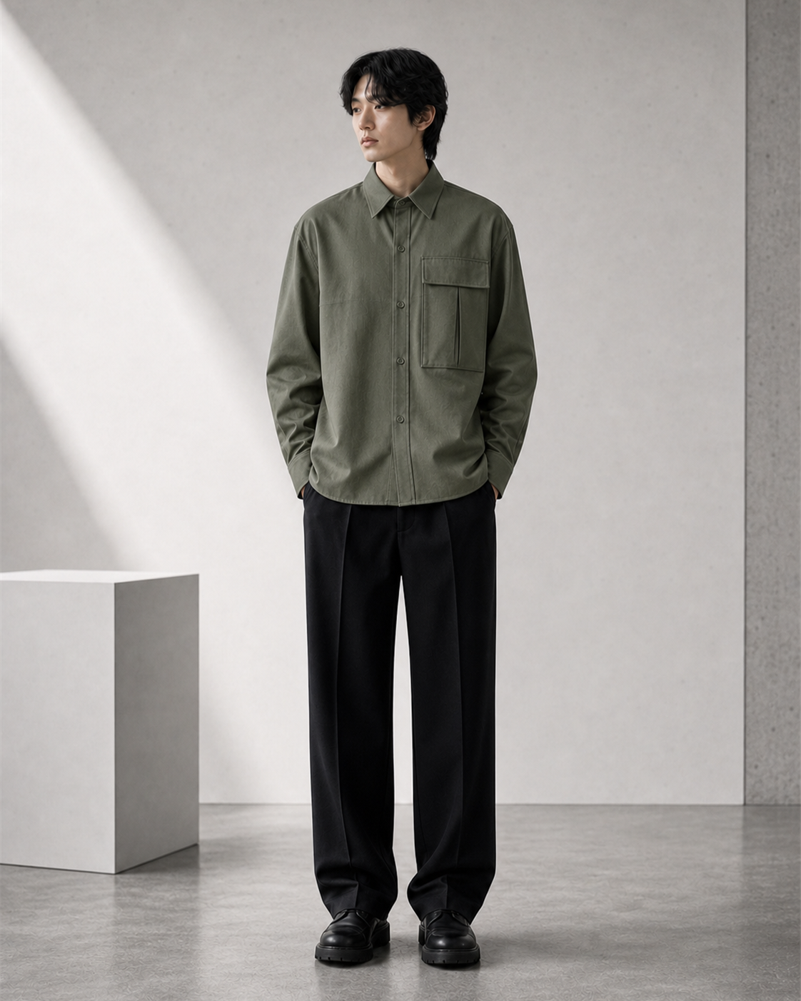 Green Utility Shirt 모델 착용 정면 이미지