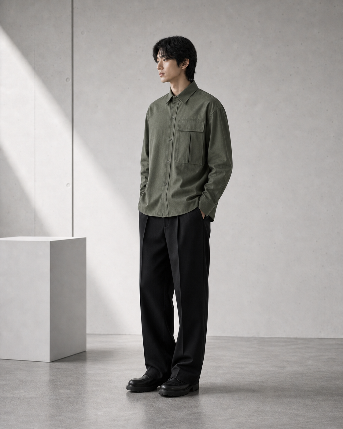 Green Utility Shirt model side view