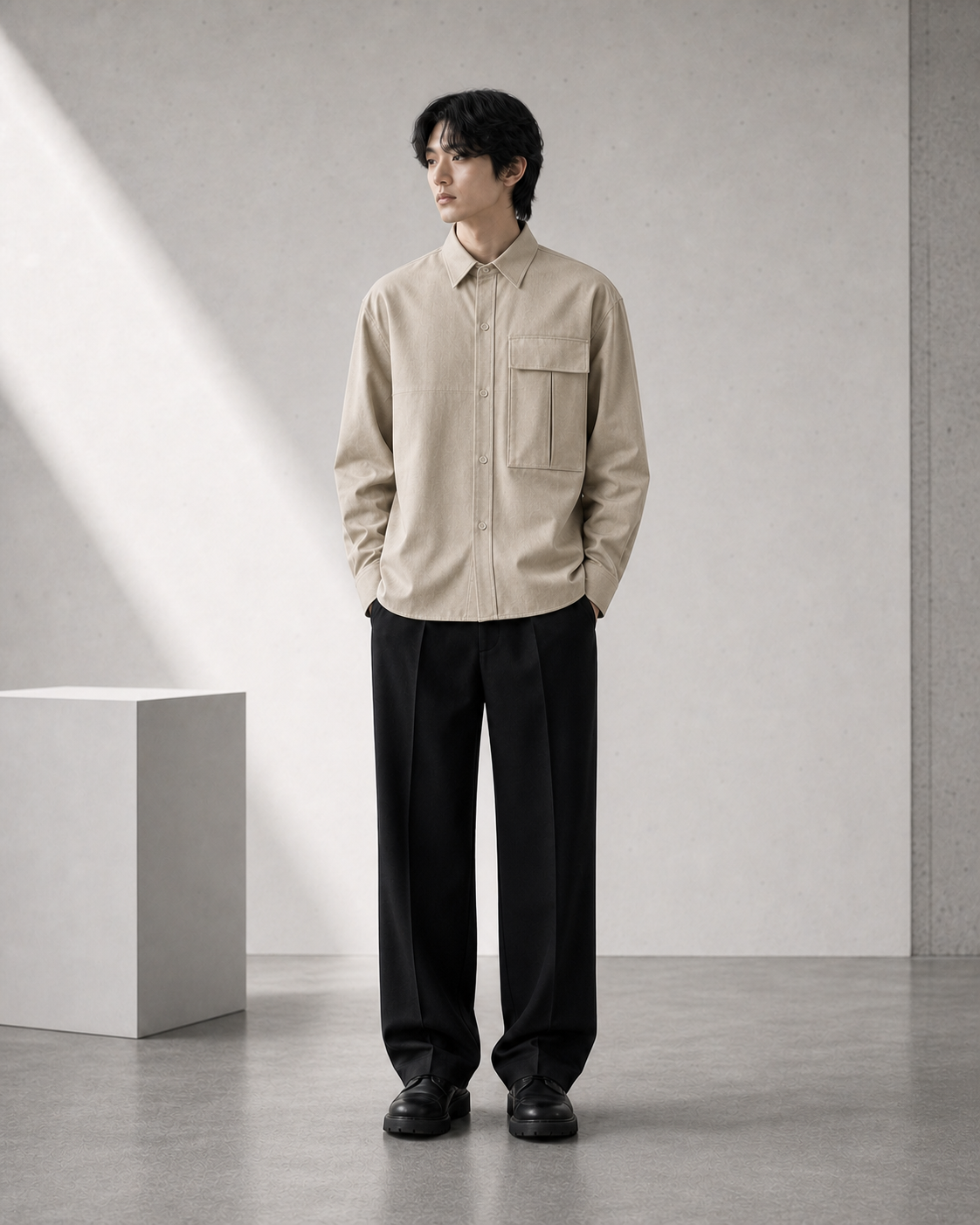Sand Utility Shirt 모델 착용 정면 이미지