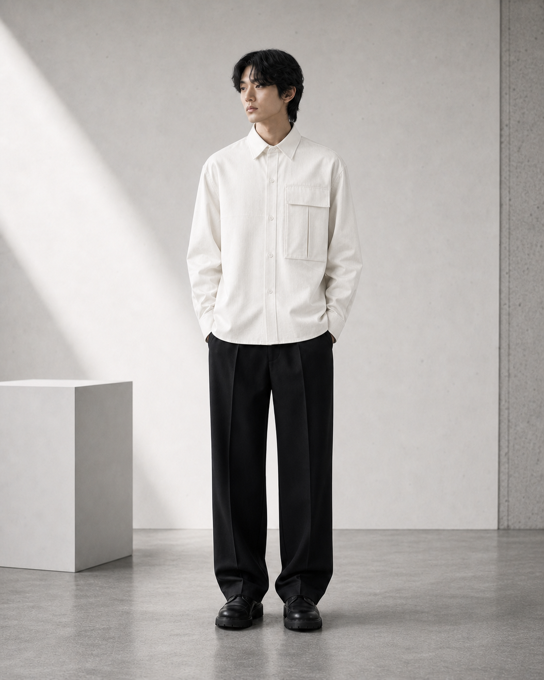 White Utility Shirt 모델 착용 정면 이미지