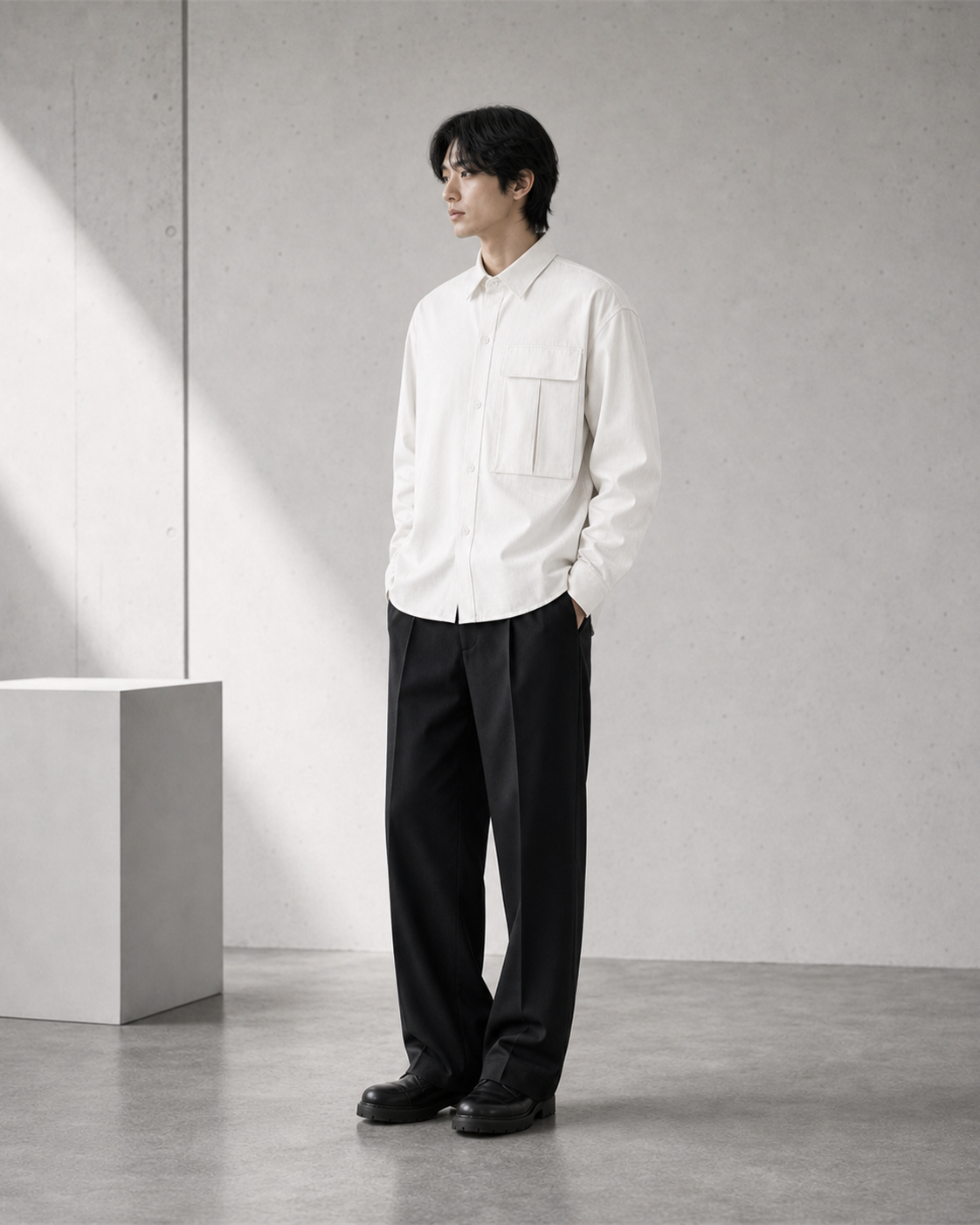 White Utility Shirt model side view